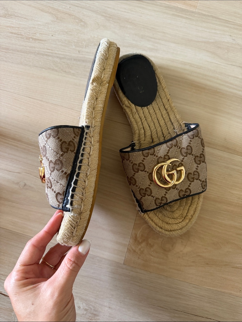 Gucci Beige Brown Monogram Espadrille Slide Sandals with Gold GG